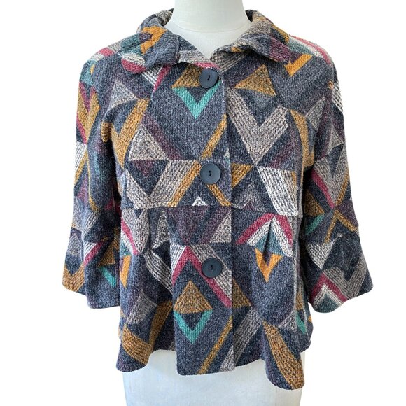 Damee Peplum Button Sweater Jacket Sz S Flare Sleeve Geometric Artsy Lagenlook - Picture 1 of 13